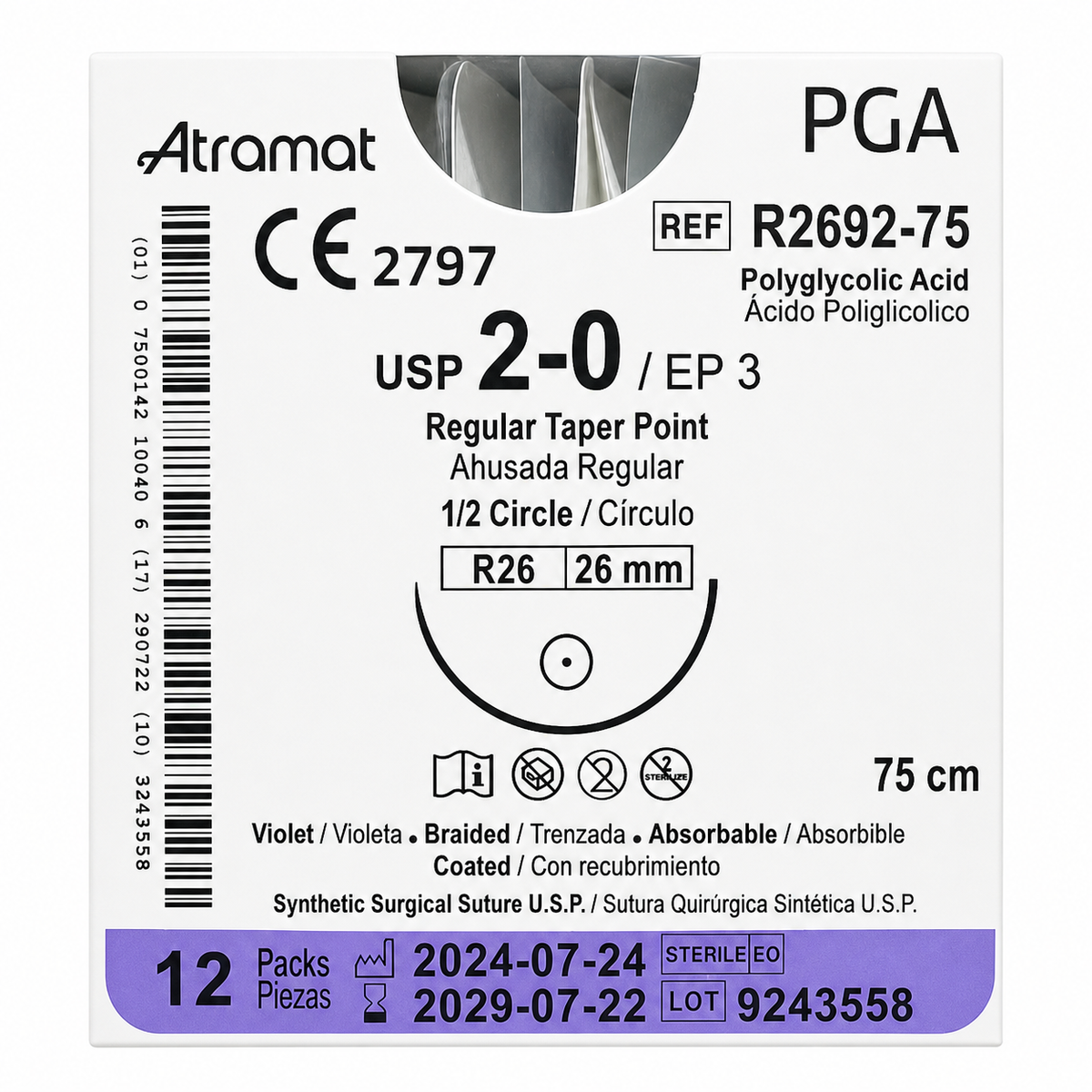 Atramat R2692-75, PGA USP 2-0 de 75 cm con aguja R26 de 26 mm sobre fondo blanco