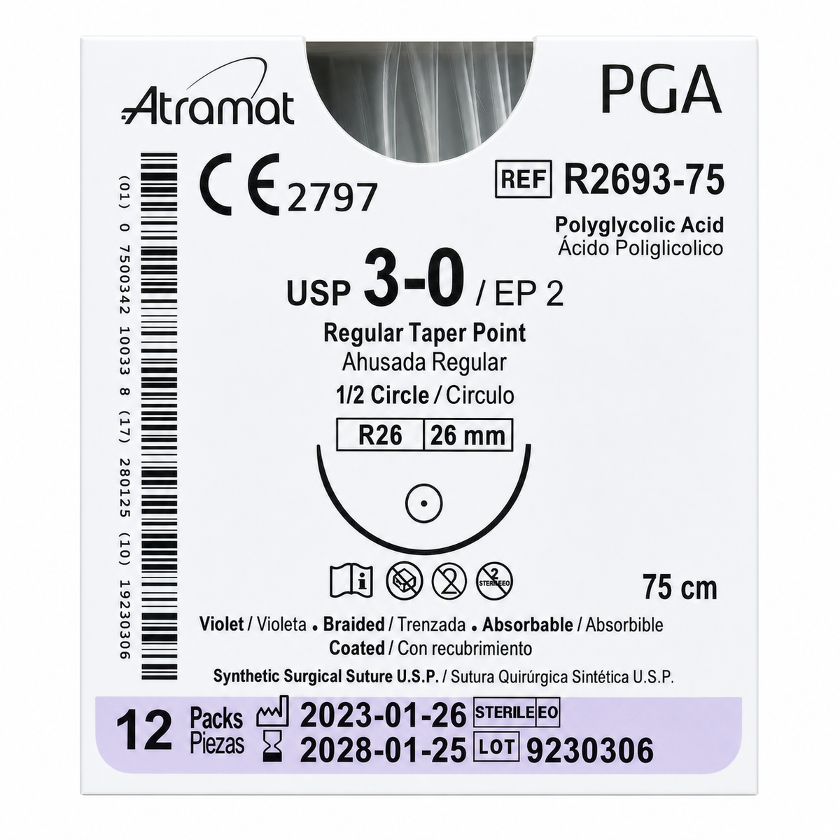 Atramat R2693-75, PGA USP 3-0 de 75 cm con aguja R26 de 26 mm sobre fondo blanco