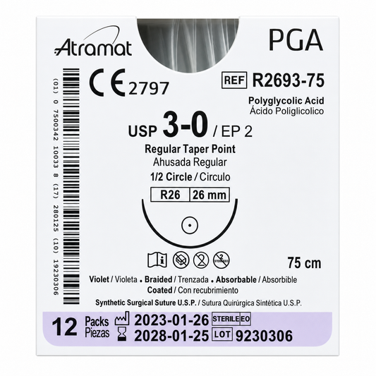 Atramat R2693-75, PGA USP 3-0 de 75 cm con aguja R26 de 26 mm sobre fondo blanco