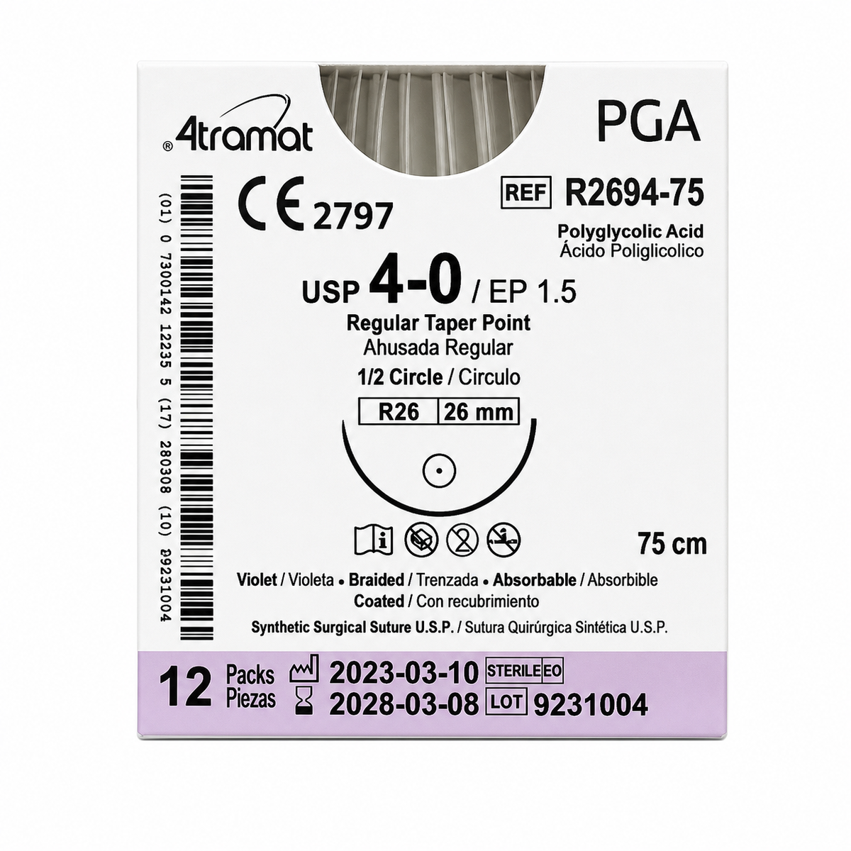 Atramat R2694-75, PGA USP 4-0 de 75 cm con aguja R26 de 26 mm sobre fondo blanco