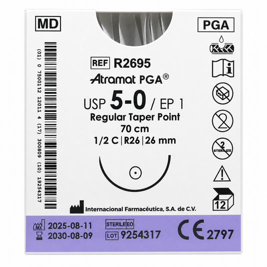 Atramat R2695, PGA USP 5-0 de 70 cm con aguja R26 de 26 mm sobre fondo blanco
