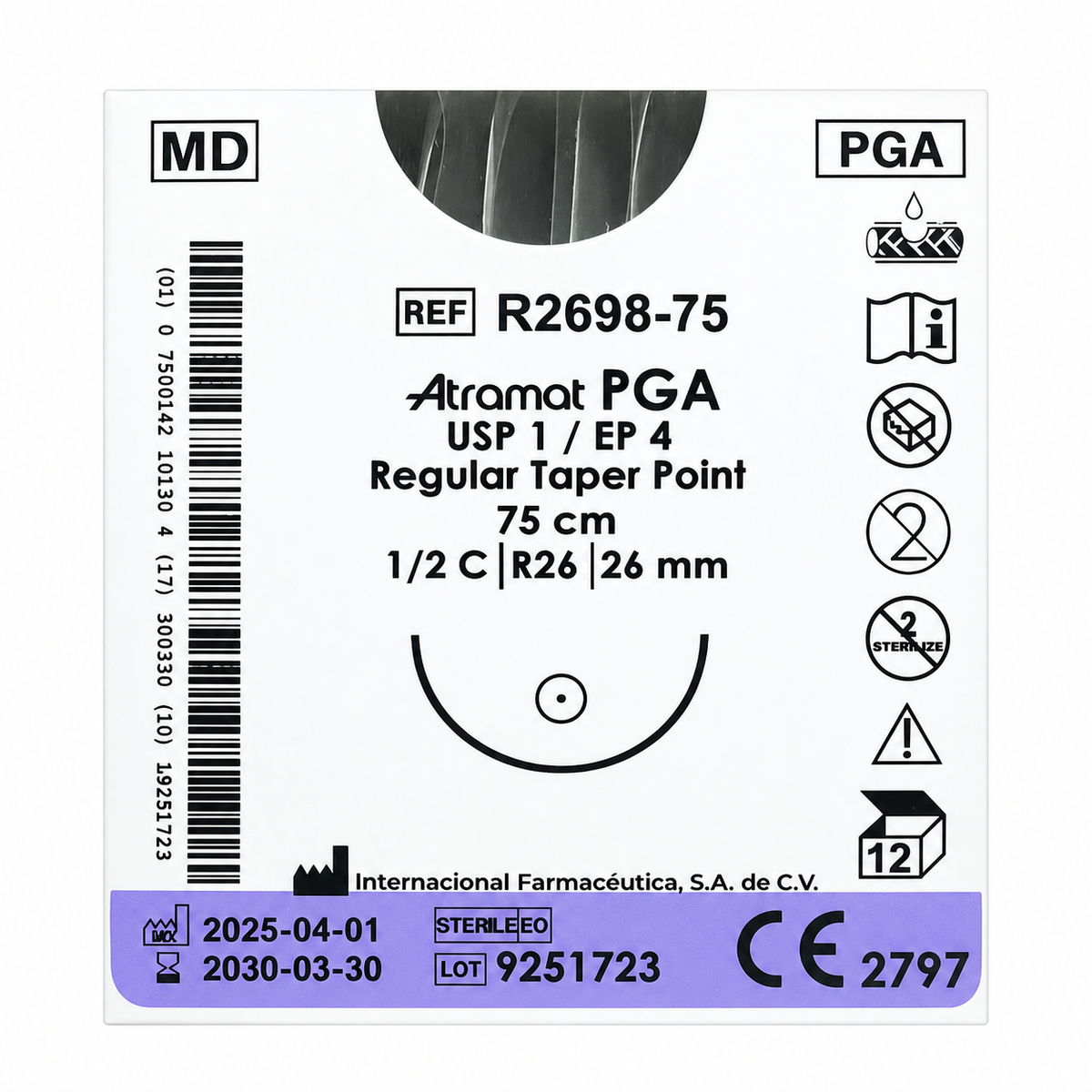 Atramat R2698-75, PGA USP 1 de 75 cm con aguja R26 de 26 mm sobre fondo blanco