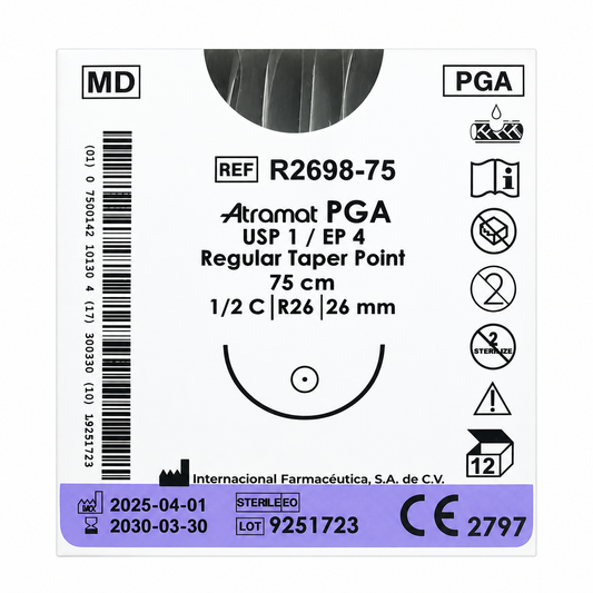 Atramat R2698-75, PGA USP 1 de 75 cm con aguja R26 de 26 mm sobre fondo blanco