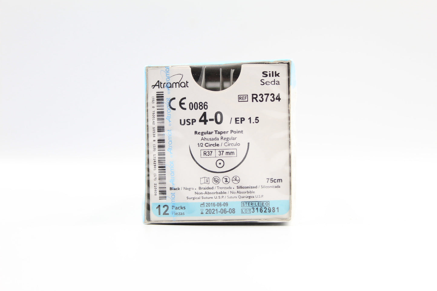 Caja Atramat R3734 de seda negra USP 4-0, 75 cm, aguja R37 de 37 mm y 1/2 círculo