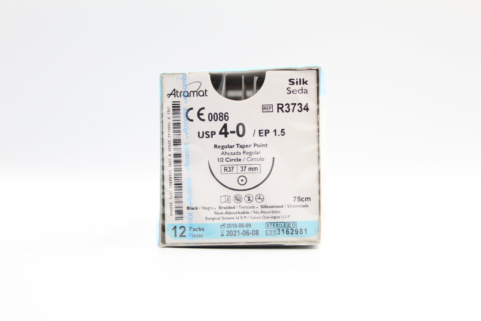 Caja Atramat R3734 de seda negra USP 4-0, 75 cm, aguja R37 de 37 mm y 1/2 círculo