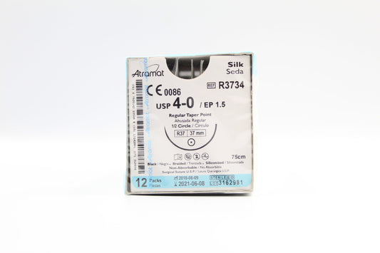 Caja Atramat R3734 de seda negra USP 4-0, 75 cm, aguja R37 de 37 mm y 1/2 círculo