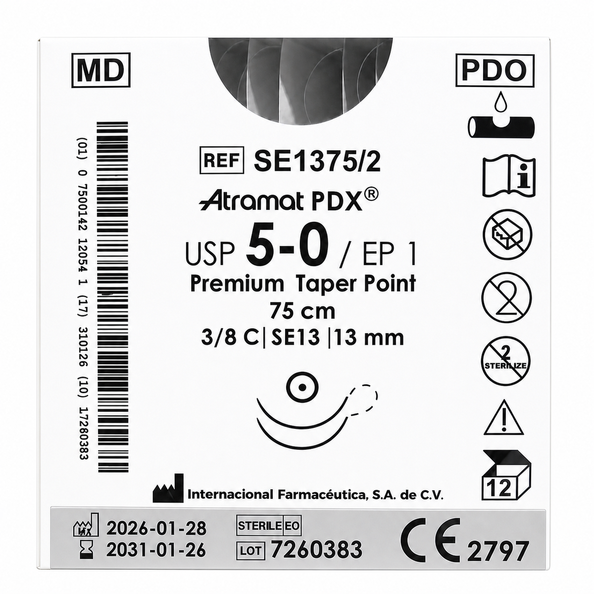 Atramat SE1375/2, PDX violeta USP 5-0 de 75 cm con aguja SE13 de 13 mm sobre fondo blanco