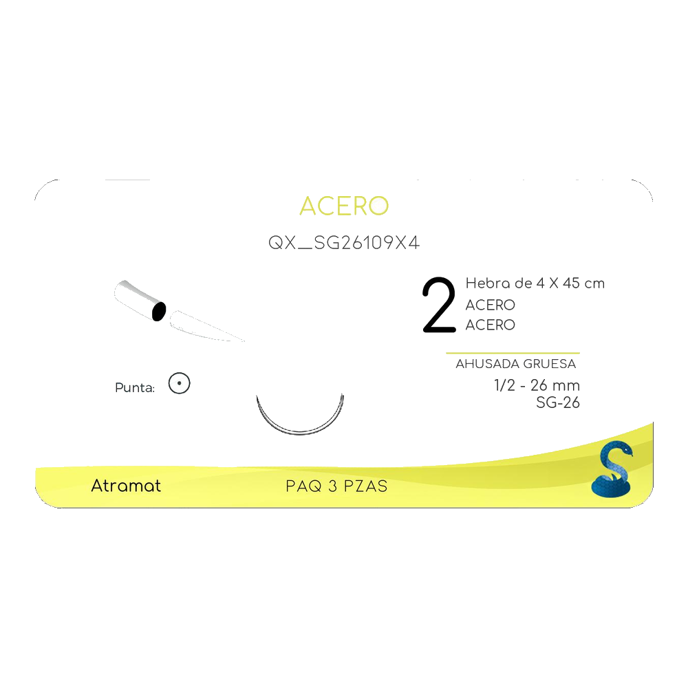 Atramat SG26109X4, sutura de acero inoxidable USP 2 de 45 cm con aguja SG-26 de 26 mm sobre fondo blanco