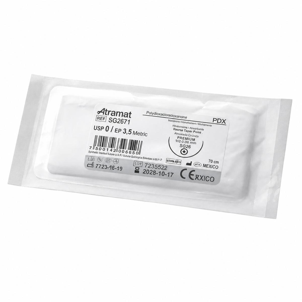 Atramat PDX SG2671, sutura de polidioxanona USP 0 de 70 cm sobre fondo blanco