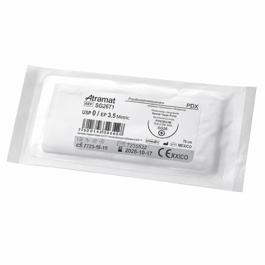 Atramat PDX SG2671, sutura de polidioxanona USP 0 de 70 cm sobre fondo blanco