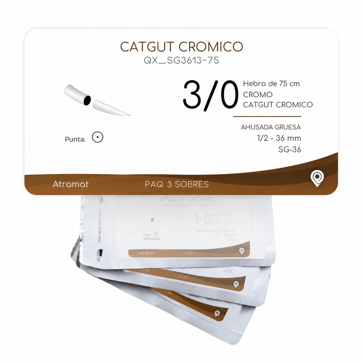 Atramat SG3613-75, catgut crómico USP 3-0 de 75 cm con aguja SG-36 de 36 mm, paquete con 3 sobres sobre fondo blanco