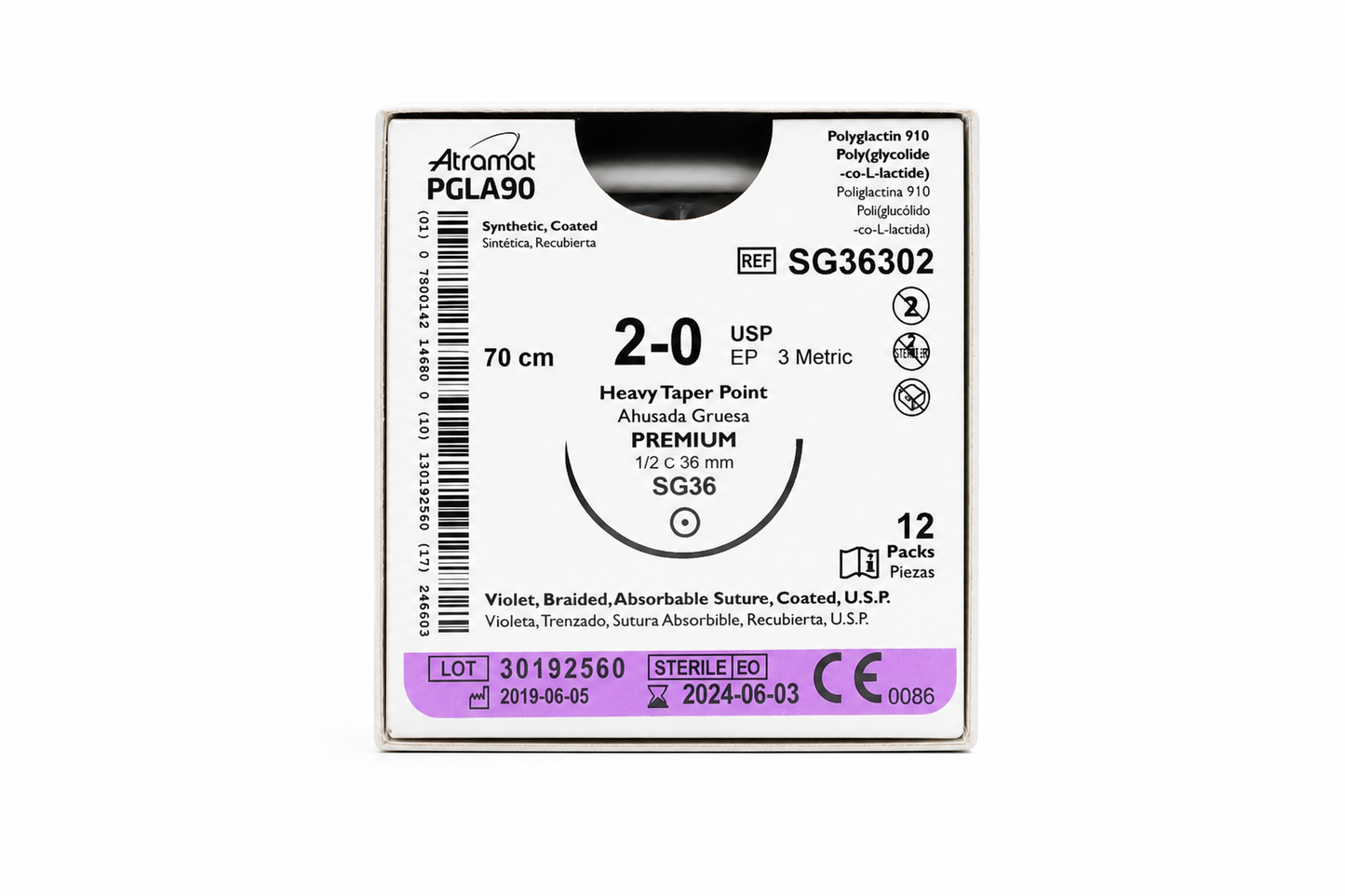 Atramat PGLA90 SR36302, sutura absorbible USP 2-0 de 70 cm con aguja SG36 de 36 mm sobre fondo blanco