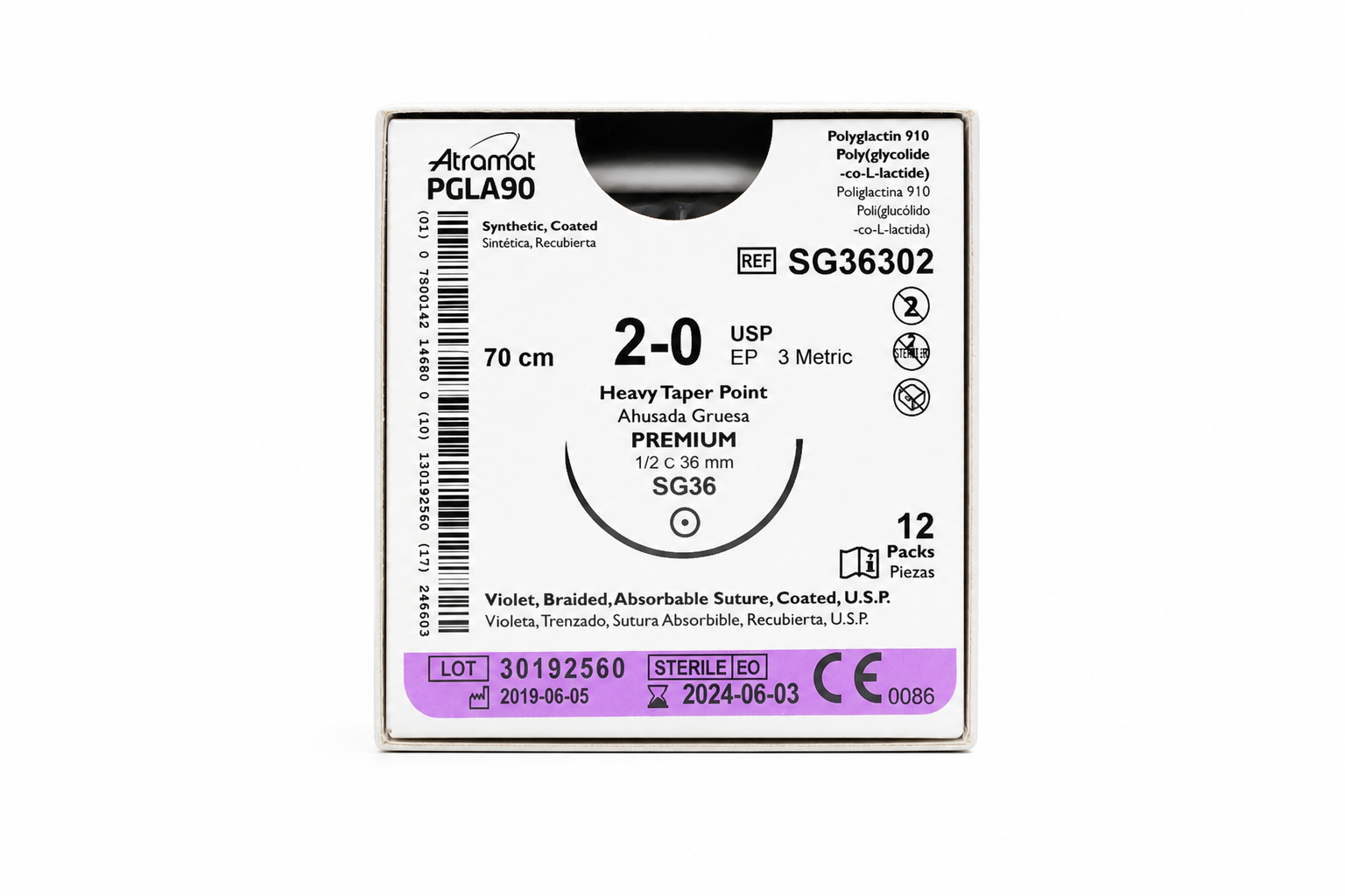 Atramat PGLA90 SR36302, sutura absorbible USP 2-0 de 70 cm con aguja SG36 de 36 mm sobre fondo blanco