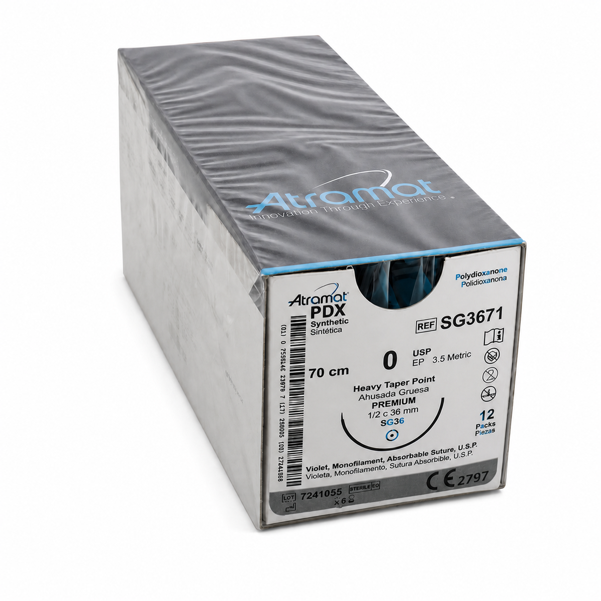 Atramat SG3671 PDX polidioxanona violeta USP 0, 70 cm, aguja SG-36 de 36 mm