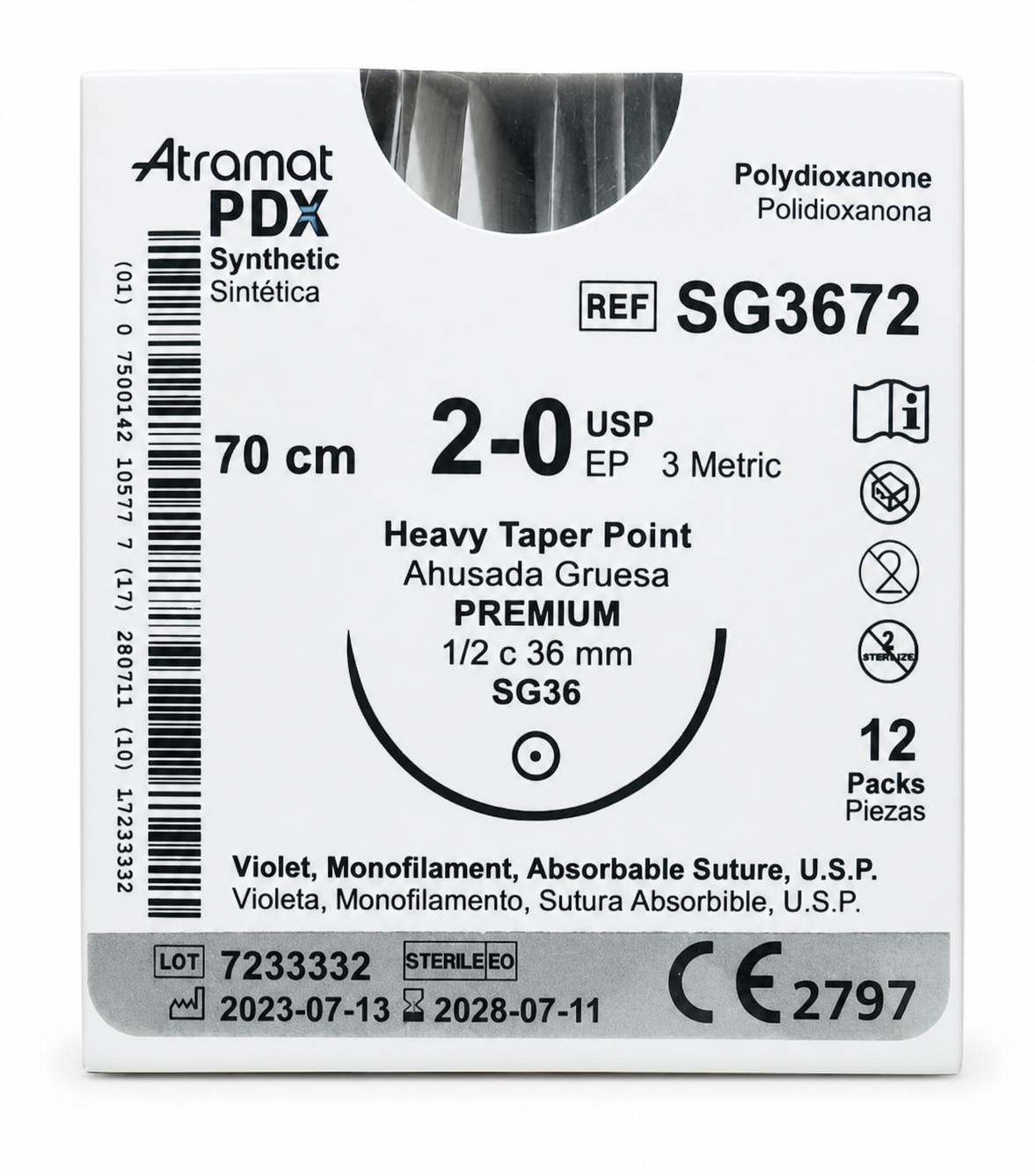 Atramat SG3672, sutura PDX violeta USP 2-0 de 70 cm con aguja SG36 de 36 mm sobre fondo blanco