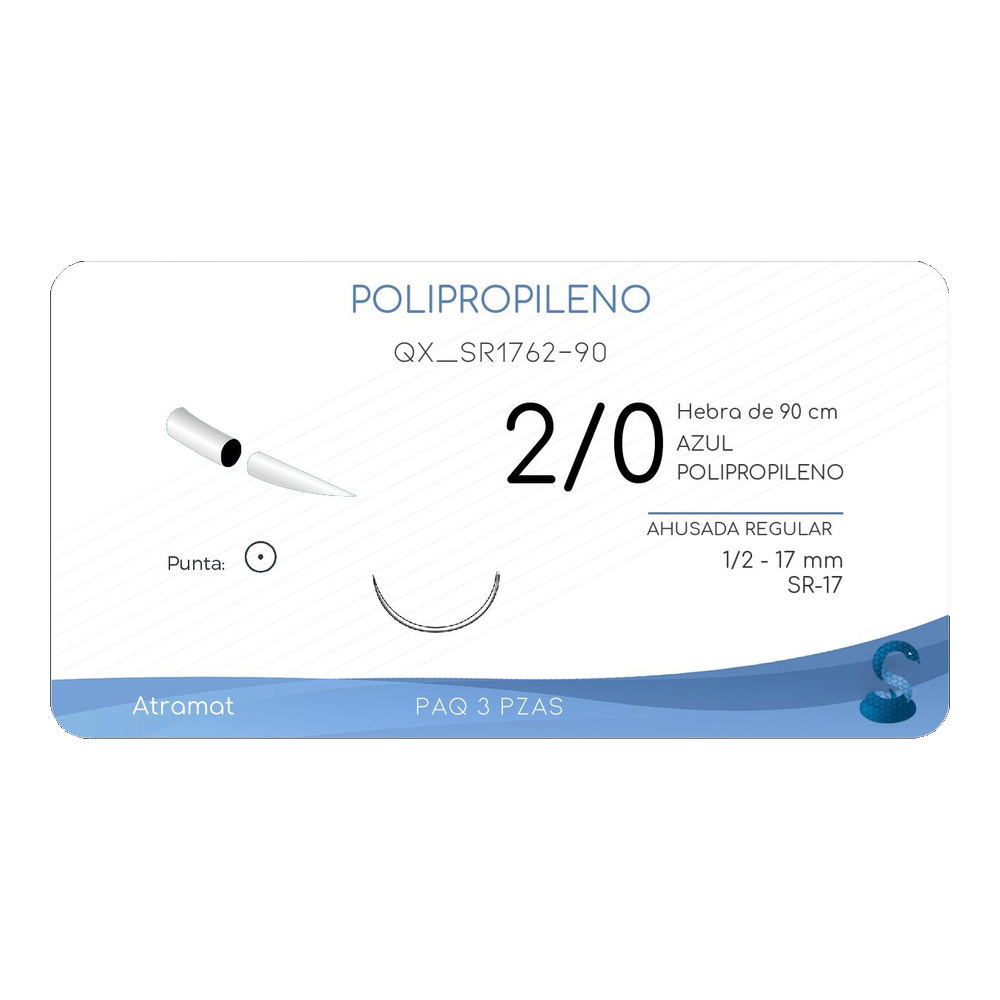 Atramat SR1762-90, polipropileno azul USP 2-0 de 90 cm con aguja SR-17 de 17 mm sobre fondo blanco