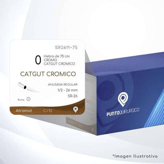 Sutura ATRAMAT Catgut Crómico SR-26 de 26 mm y hebra de 75 cm
