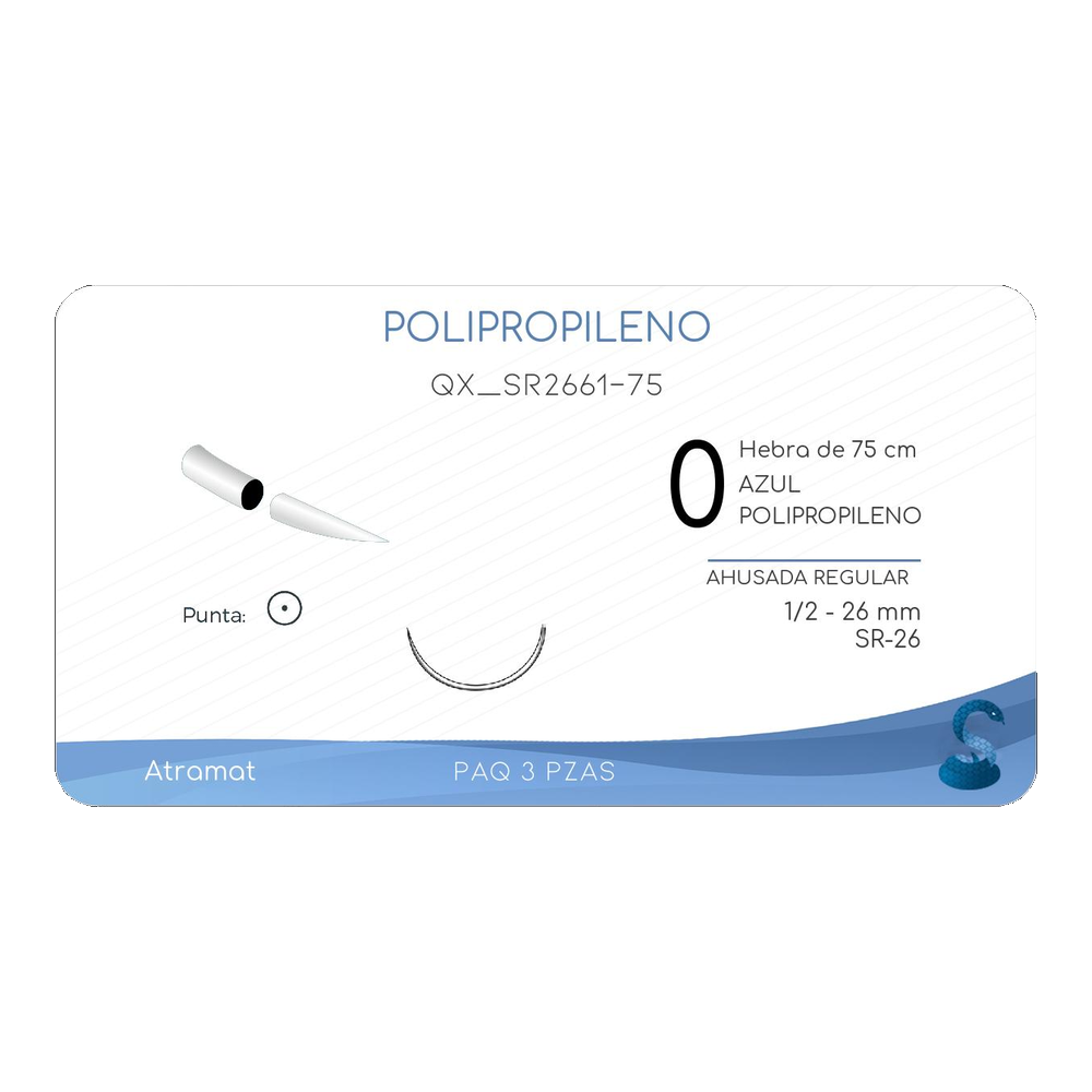 Atramat SR2661-75, polipropileno azul USP 0 de 75 cm con aguja SR-26 de 26 mm sobre fondo blanco