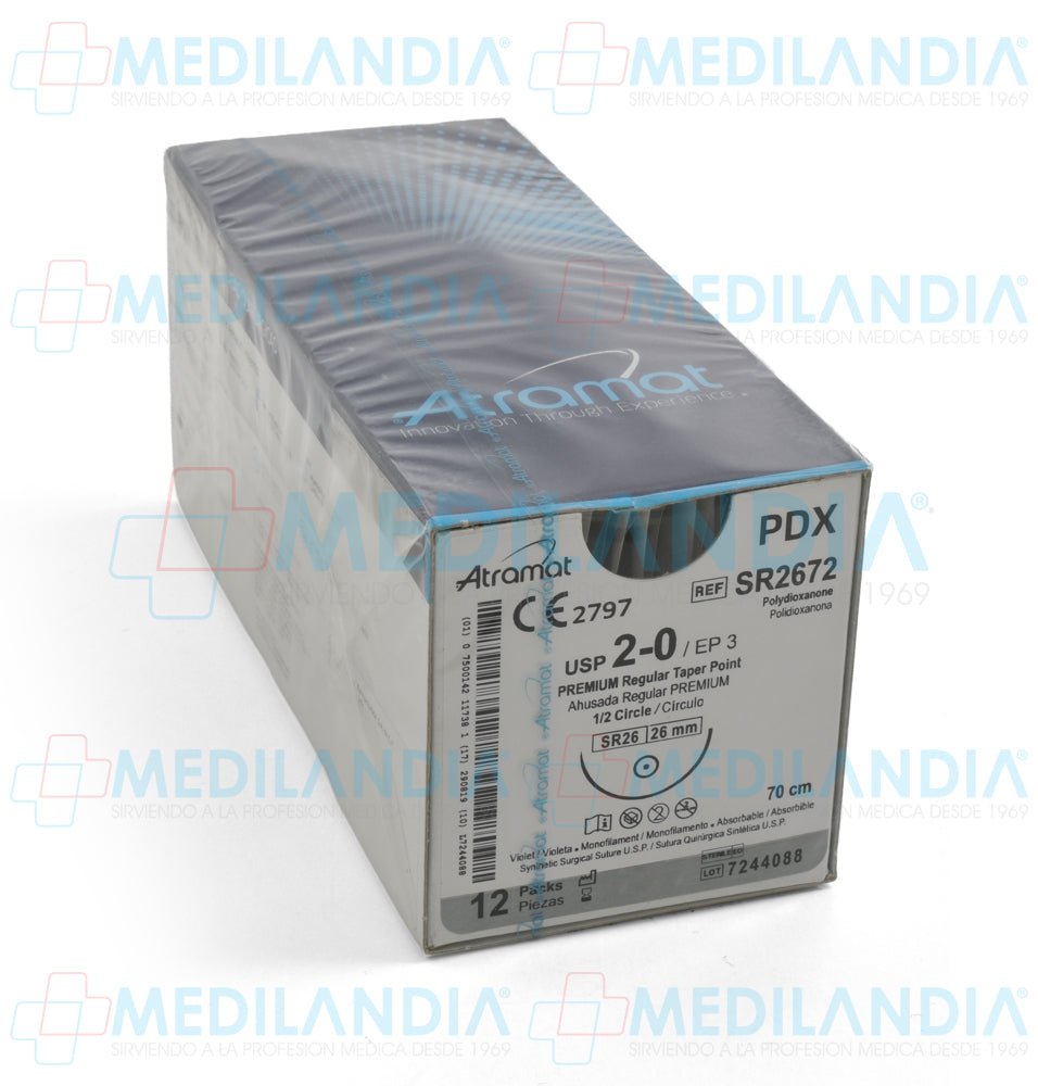 Atramat SR2672 PDX polidioxanona violeta USP 2-0, 70 cm, aguja SR-26 de 26 mm