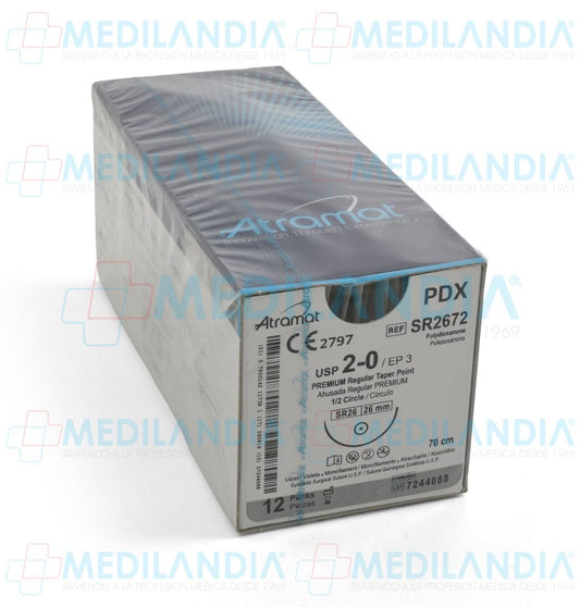 Atramat SR2672 PDX polidioxanona violeta USP 2-0, 70 cm, aguja SR-26 de 26 mm