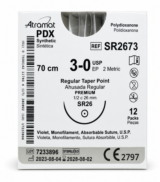 Atramat SR2673, sutura PDX violeta USP 3-0 de 70 cm con aguja SR26 de 26 mm sobre fondo blanco