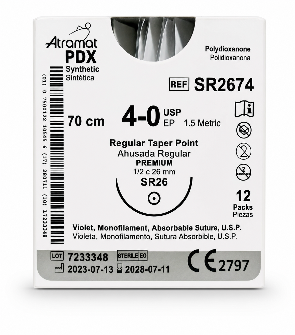 Atramat SR2674, sutura PDX violeta USP 4-0 de 70 cm con aguja SR26 de 26 mm sobre fondo blanco