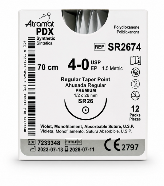 Atramat SR2674, sutura PDX violeta USP 4-0 de 70 cm con aguja SR26 de 26 mm sobre fondo blanco