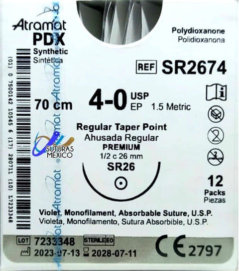 Atramat SR2674 PDX polidioxanona violeta USP 4-0, 70 cm, aguja SR-26 de 26 mm