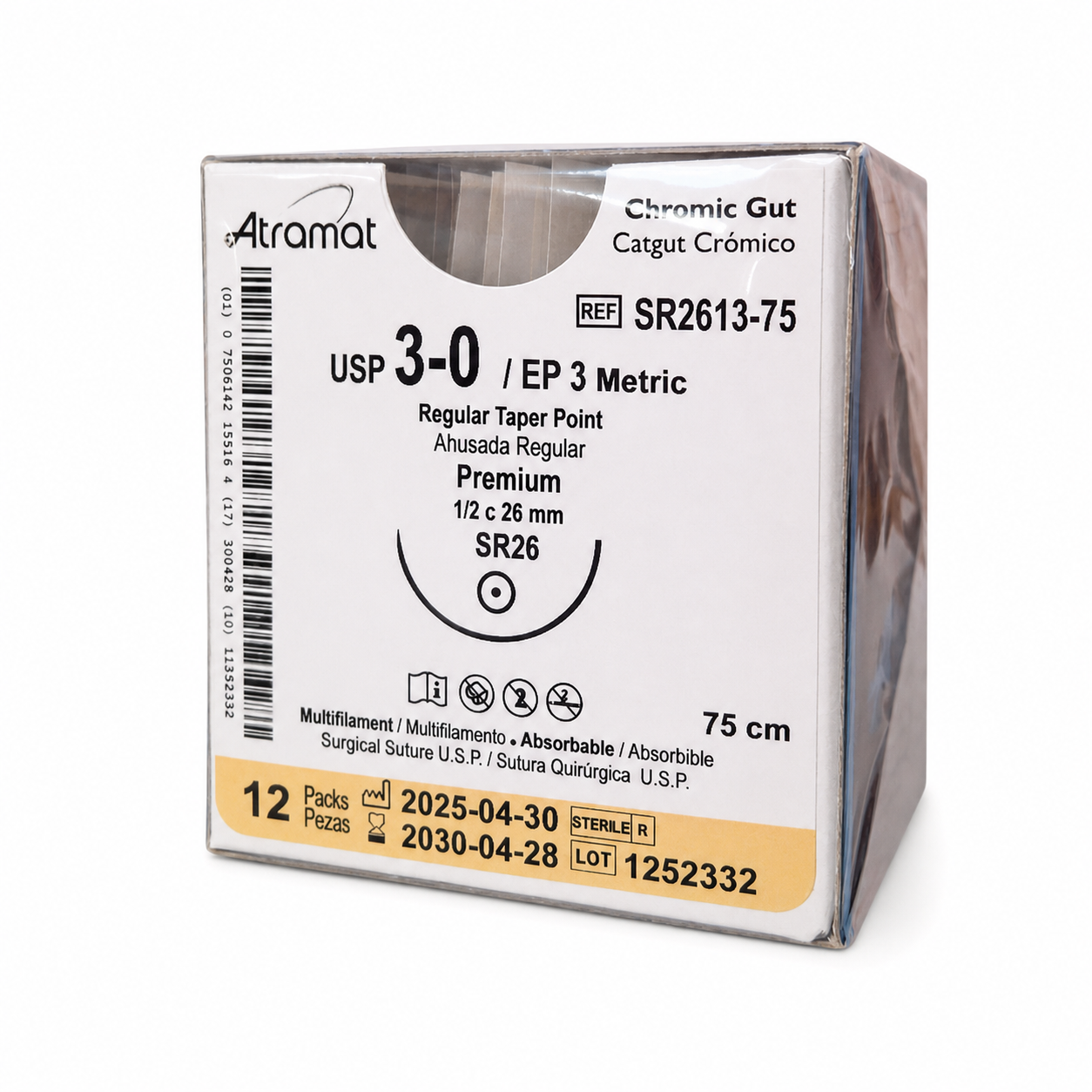 Atramat SR3613-75, catgut crómico USP 3-0 de 75 cm con aguja SR36 de 36 mm sobre fondo blanco