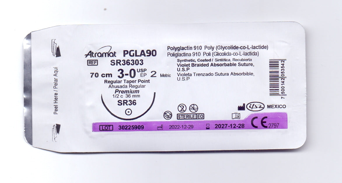 Atramat SR36303 PGLA90 violeta USP 3-0, 70 cm, aguja SR-36 de 36 mm