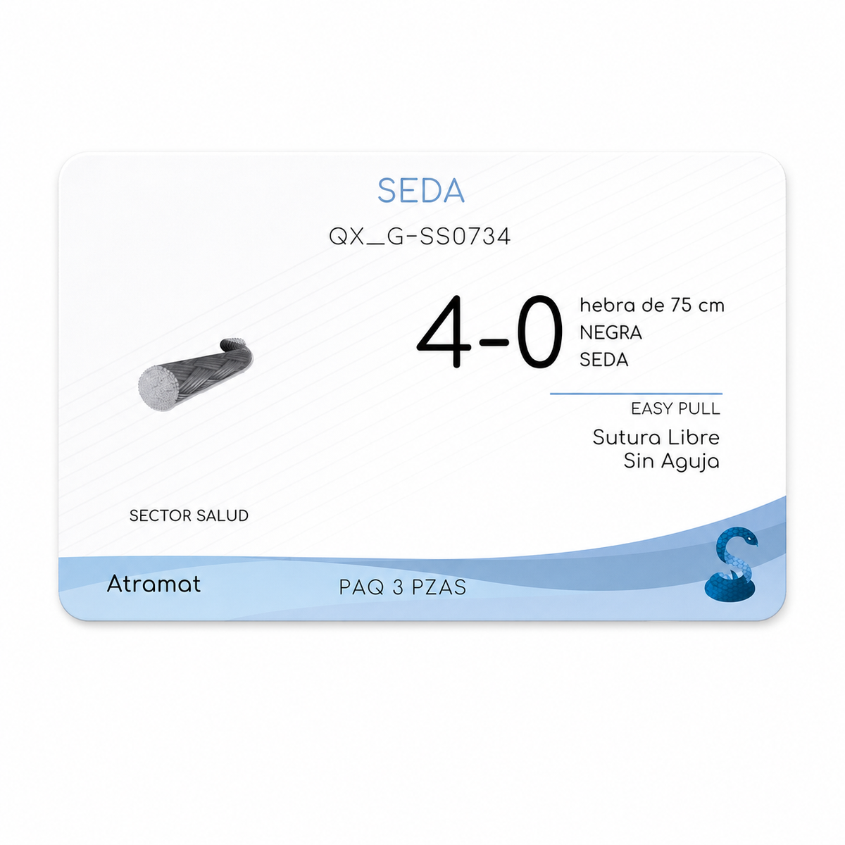 Atramat SS0734, seda negra USP 4-0 de 75 cm sin aguja, paquete con 3 piezas sobre fondo blanco