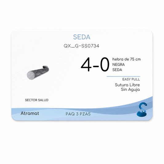 Atramat SS0734, seda negra USP 4-0 de 75 cm sin aguja, paquete con 3 piezas sobre fondo blanco