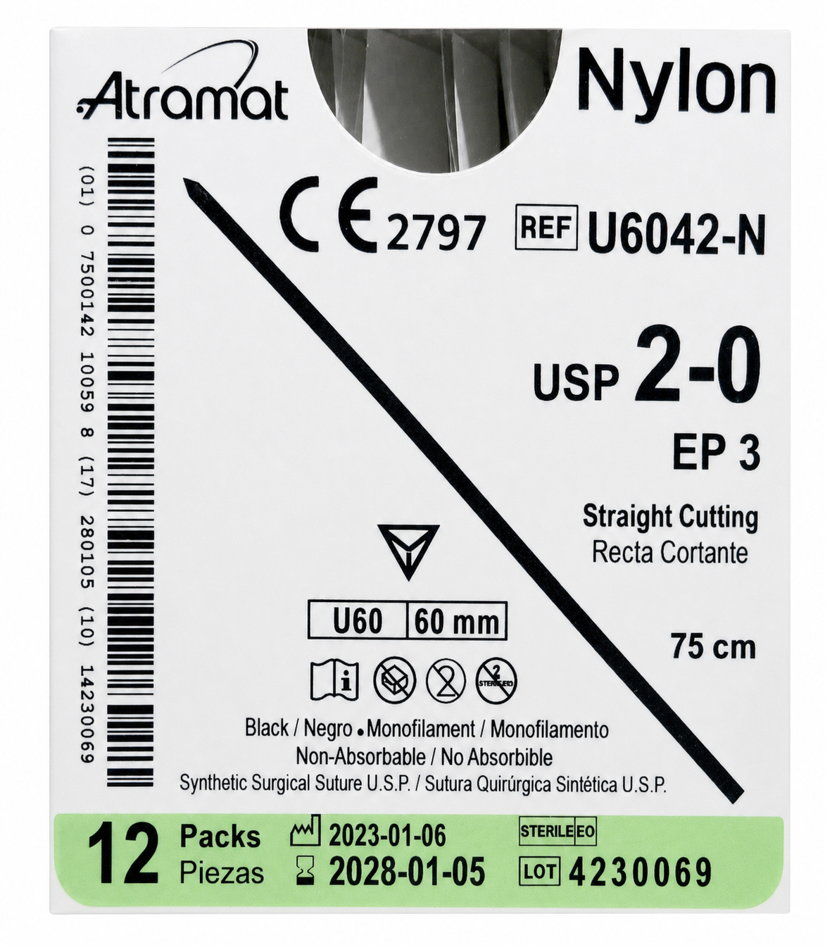 Atramat Nylon U6042-N, sutura no absorbible USP 2-0 de 75 cm con aguja U60 recta cortante de 60 mm sobre fondo blanco