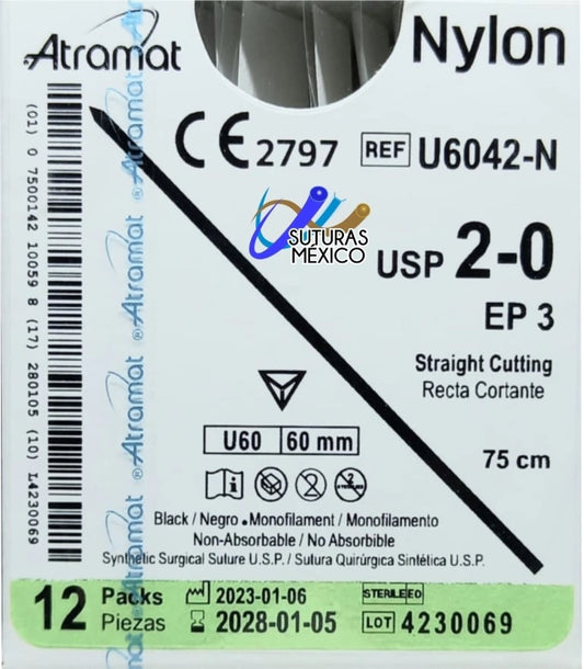 Atramat Nylon U6042-N sutura no absorbible negra USP 2-0 de 75 cm con aguja U60 recta cortante de 60 mm