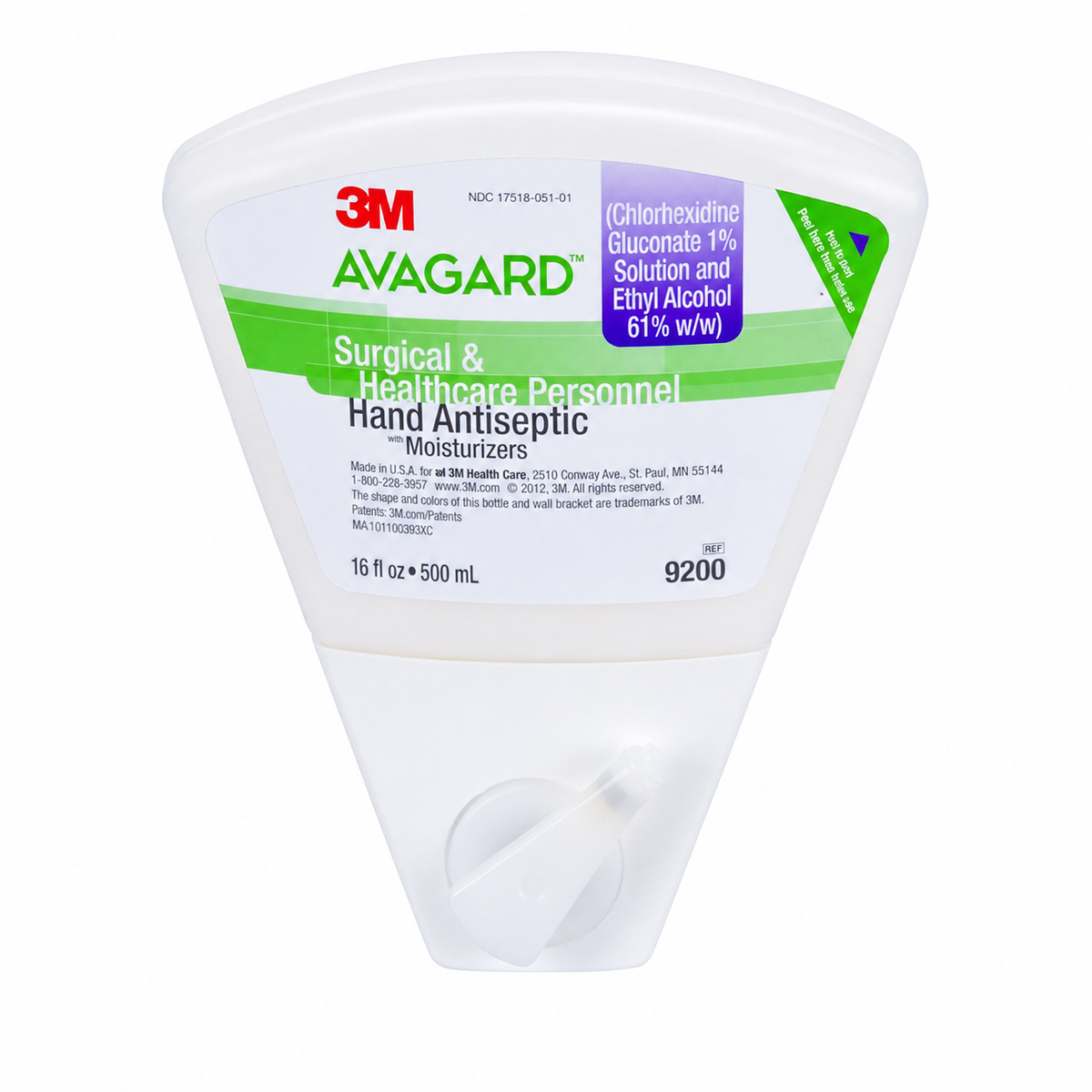 Frasco 3M Avagard CHG REF 9200 de 500 ml, gluconato de clorhexidina 1% y alcohol 61%, sobre fondo blanco
