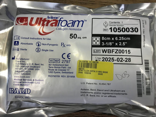 BD Avitene UltraFoam 1050030, esponja de colágeno 8 x 6.25 x 1 cm, 50 cm²