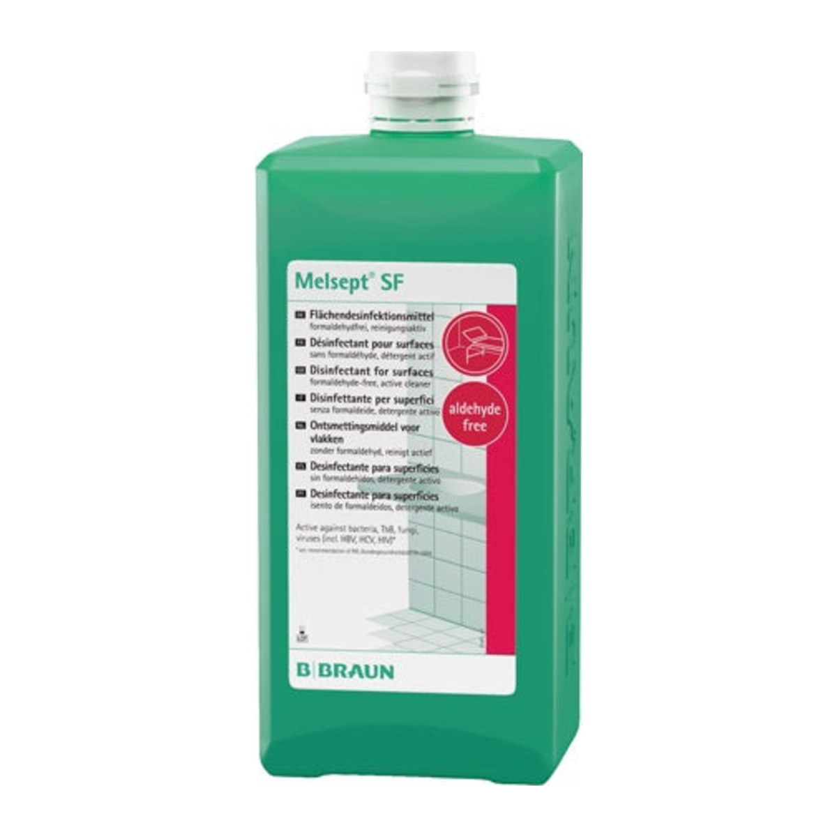 B. Braun Melsept SF 18906, concentrado verde para desinfección de superficies en envase de 1 L, sobre fondo blanco