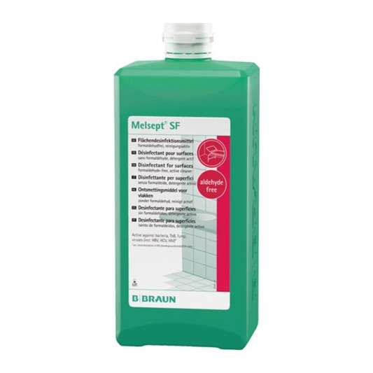 B. Braun Melsept SF 18906, concentrado verde para desinfección de superficies en envase de 1 L, sobre fondo blanco