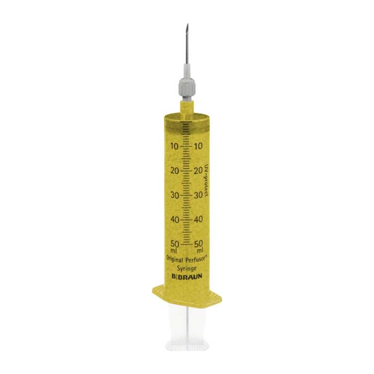 B. Braun Original Perfusor 8728861F-06, jeringa ámbar UV-Protect de 50 ml con aguja de aspiración y filtro 15 µm, sobre fondo blanco