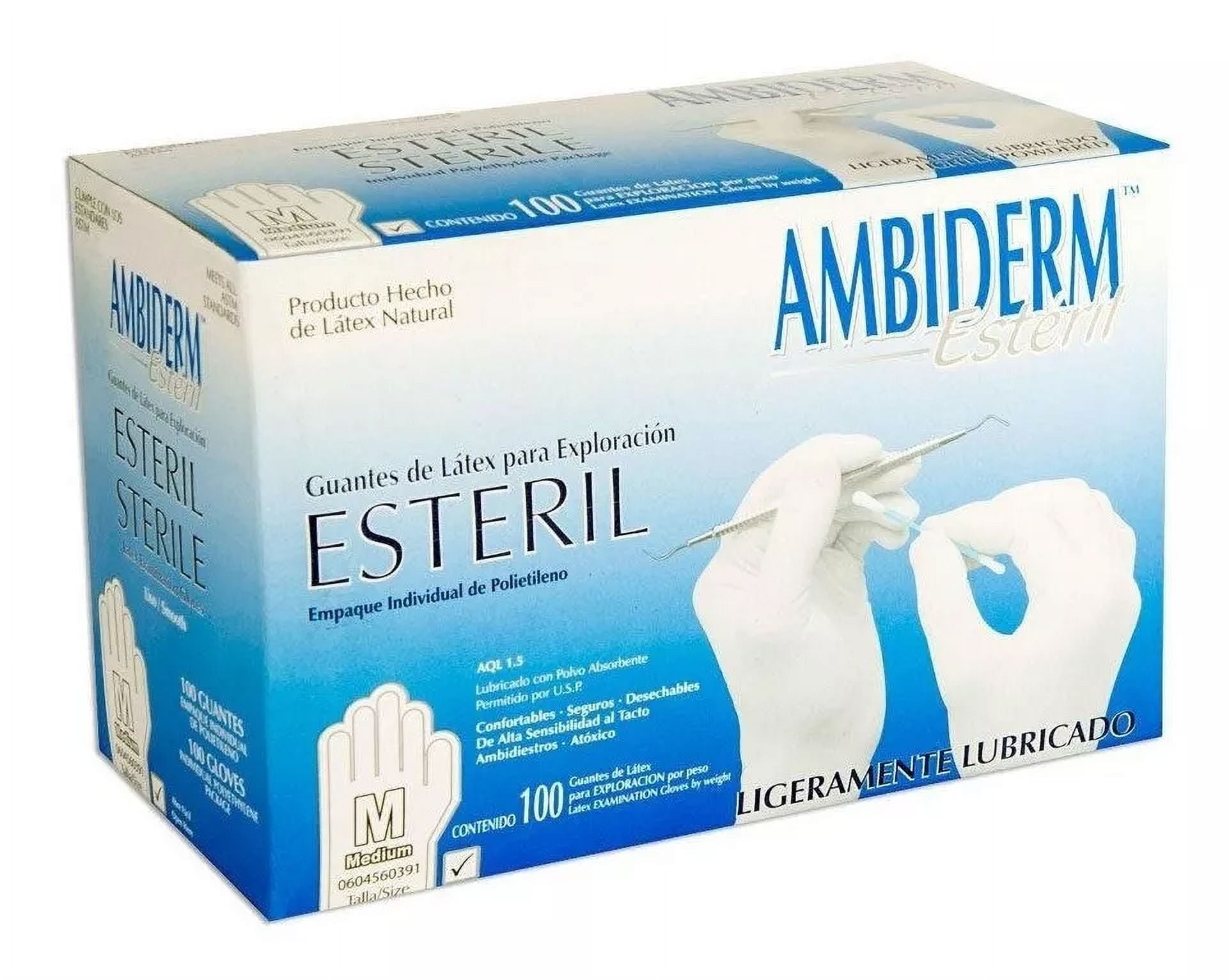 Caja Ambiderm Estéril de guantes de látex talla mediana, 100 guantes