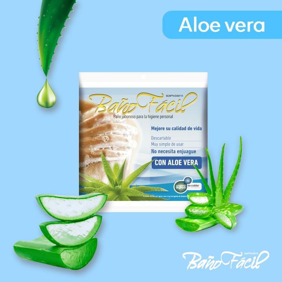 Presentación Baño Fácil con Aloe Vera, paquete de 10 paños; imagen original de la marca