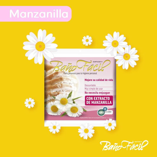 Presentación Baño Fácil con Manzanilla, paquete de 10 paños; imagen original de la marca