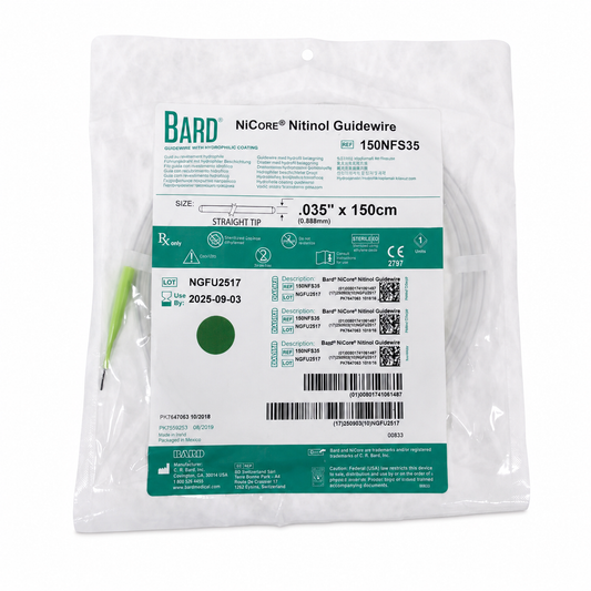 BARD NiCore 150NFS35, guía hidrofílica de 0.035 pulgadas x 150 cm con punta recta, sobre fondo blanco
