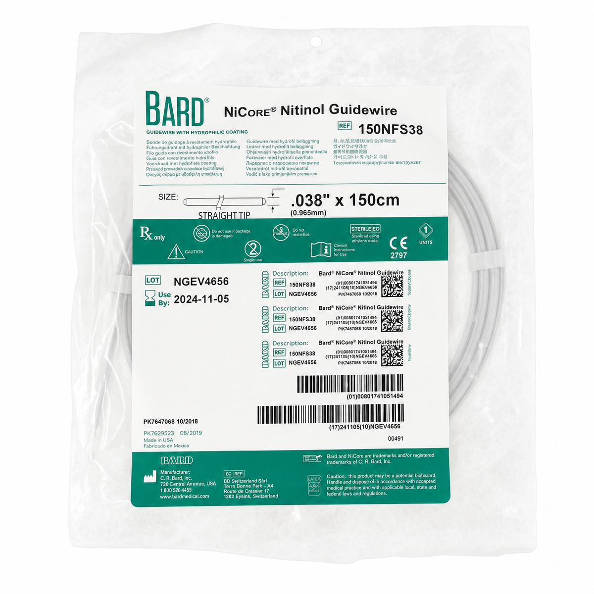 BARD NiCore 150NFS38 guía hidrofílica 0.038 pulgadas x 150 cm punta recta, sobre fondo blanco