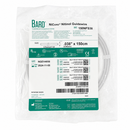 BARD NiCore 150NFS38 guía hidrofílica 0.038 pulgadas x 150 cm punta recta, sobre fondo blanco