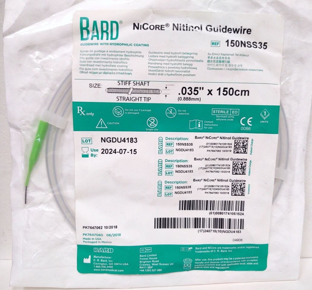 BARD NiCore 150NSS35 guía hidrofílica 0.035 pulgadas x 150 cm punta recta