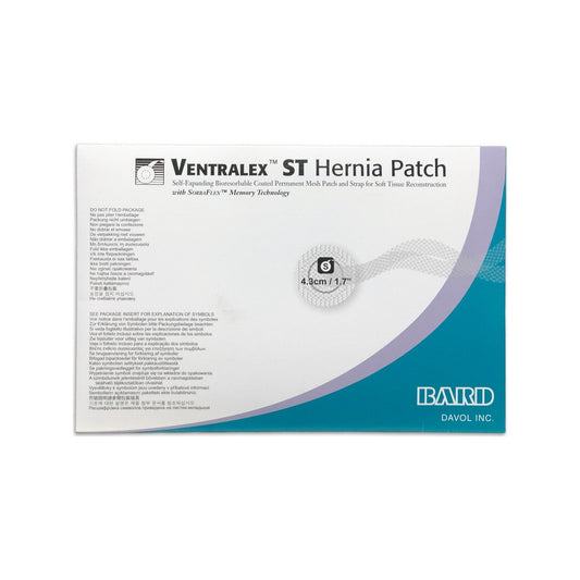 Bard Ventralex ST 5950007, parche circular para hernia de 4.3 cm × 4.3 cm (chica) con correa, en su empaque estéril