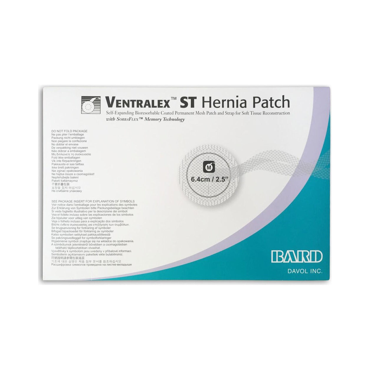 Bard Ventralex ST 5950008, parche circular para hernia de 6.4 cm × 6.4 cm (mediana) con correa, en su empaque estéril