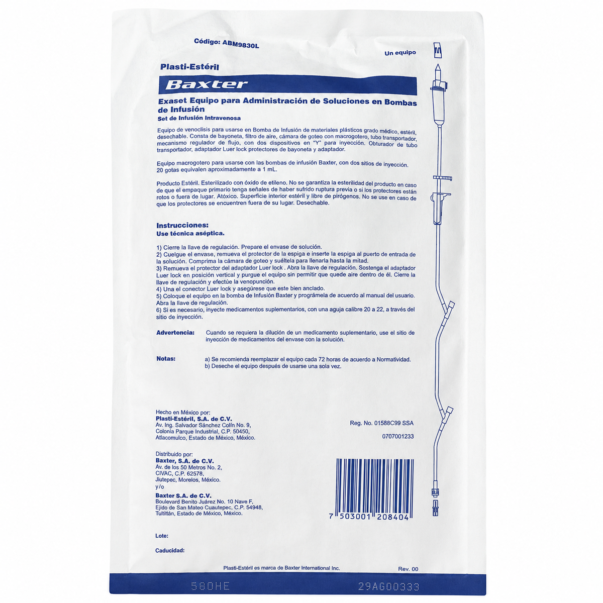 Baxter Exaset ABM9830L, equipo para bomba de infusión sobre fondo blanco