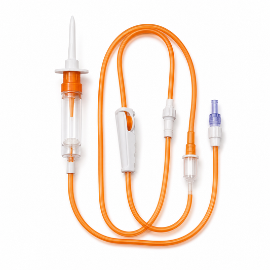 Imagen ilustrativa optimizada: B. Braun Infusomat Space Line Neutrapur 8700127SP, línea naranja de 250 cm con protección UV, sobre fondo blanco